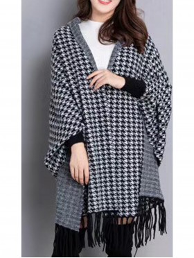 Cashmere Feeling Reversible Houndstooth Open-front Cape